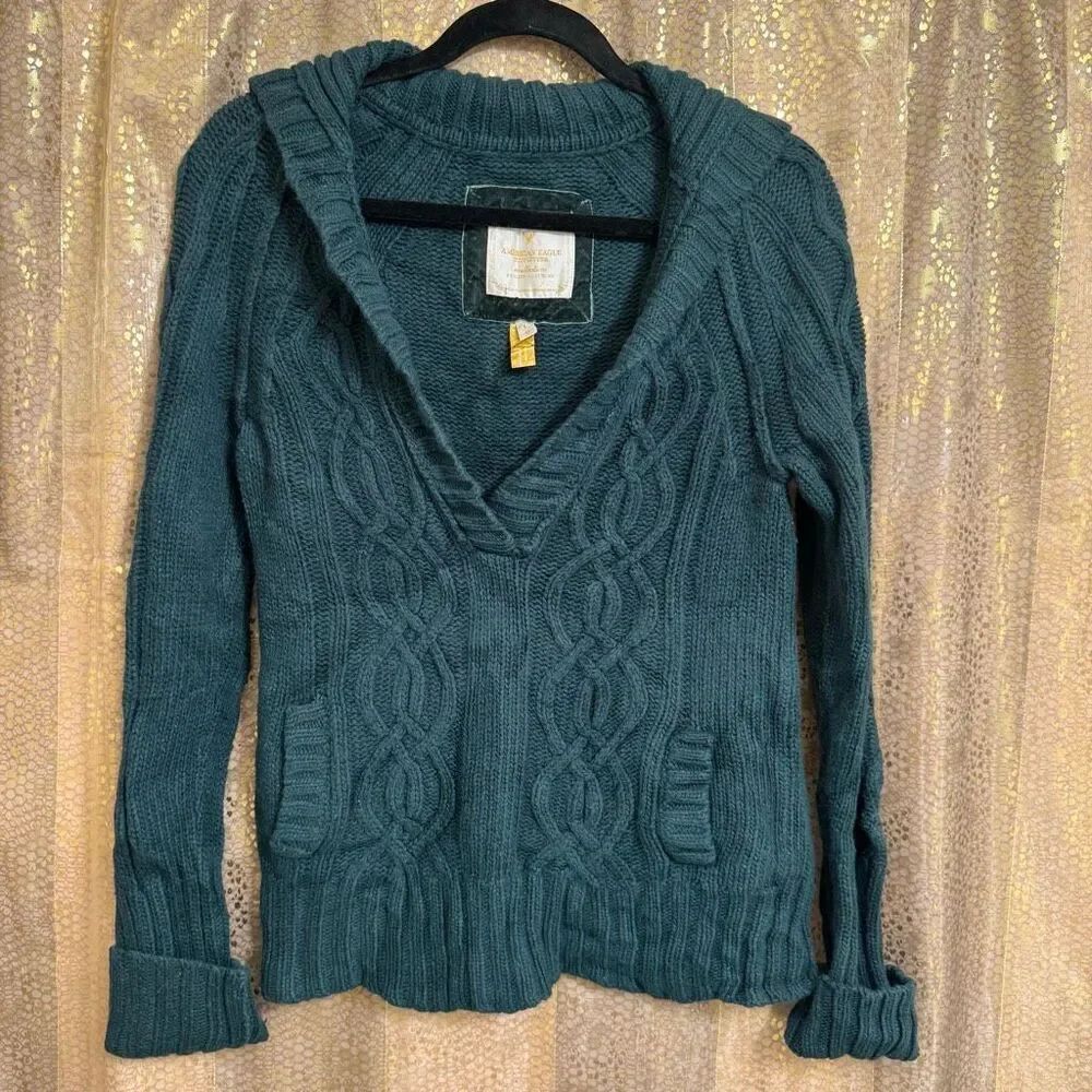 American Eagle Vintage 2000s Emerald Green Chunky Knit Preppy Sweater L